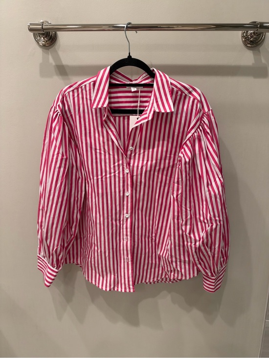 Anniewear Tops - Striped Pink & White Puff-Sleeve Button-Down Shirt